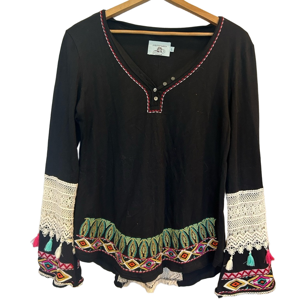 Judith March Black and Red Embellished Long Sleeve Blouse